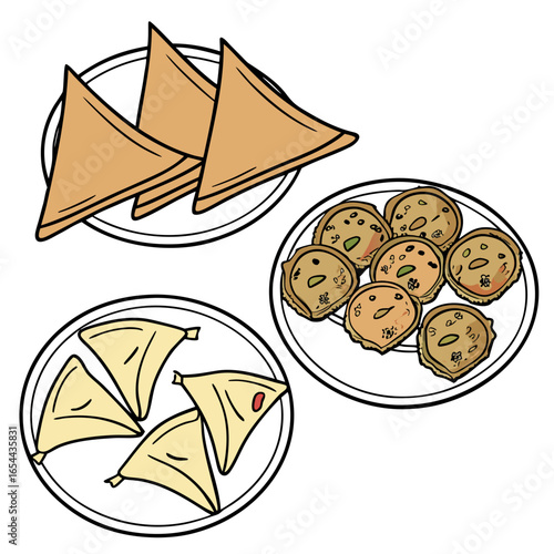 A delicious assortment of indian snacks presented on white plates