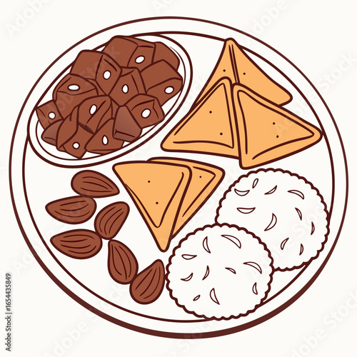 A delightful assortment of indian sweets and snacks served on a traditional thali plate