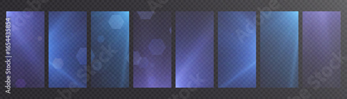 A set of vertical blue-violet gradient panels with a soft glass glow and refracted highlights on a transparent background. Light beams and subtle blur create clean UI-style overlays.