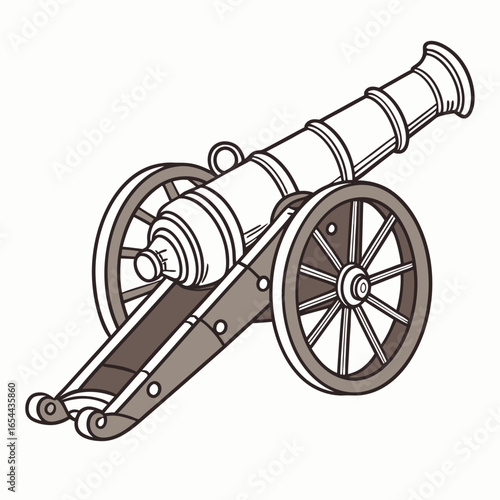 A detailed illustration of a vintage cannon with large spoked wheels and a long barrel