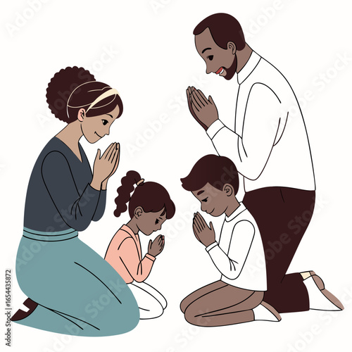 A diverse family kneeling together in prayer showing gratitude and unity