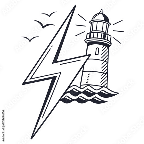 Bold lightning bolt and lighthouse illustration with flying birds on a wavy sea