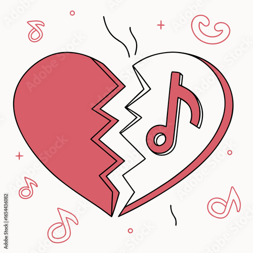Broken heart with musical notes symbolizing heartbreak and sad music