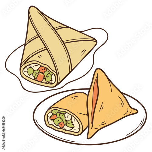 Deliciously drawn vegetable wraps and samosas presented on plates