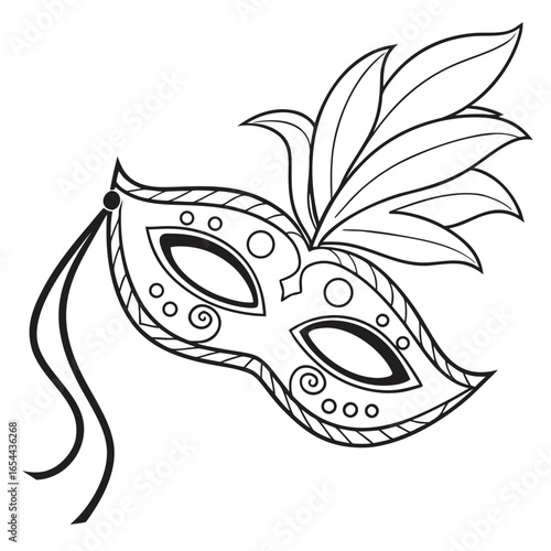 Elegant black and white venetian masquerade mask with feathers and swirls