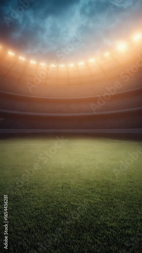 Stadium lights illuminate empty green field with dramatic cloudy sky above