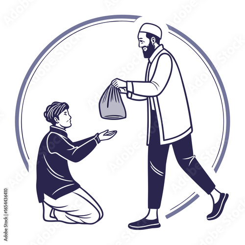 Generous muslim man gives a bag of food to a kneeling person in need