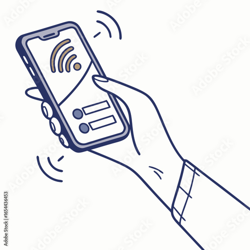 Hand holding a smartphone displaying a wi fi signal and two input fields