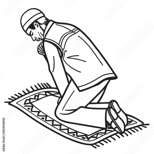 Man in traditional islamic attire bowing in prayer on a prayer mat