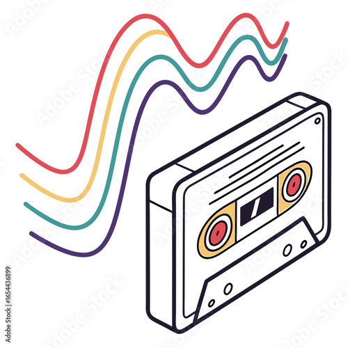 Retro cassette tape with colorful sound waves representing music and nostalgia