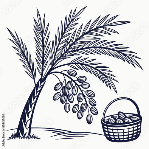 Stylized illustration of a date palm tree with ripe dates and a basket of harvested fruit