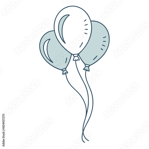 Three simple hand drawn balloons in soft blue and white with dark blue outlines