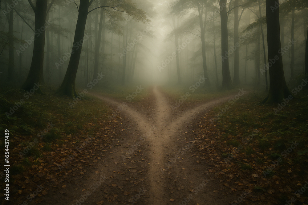 Obraz premium Misty forest with forked path among tall trees mysterious foggy atmosphere