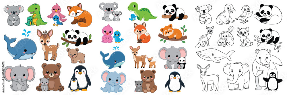 Naklejka premium Adorable Cartoon Animal Set Koala, Dino, Fox, Panda, Whale, Deer, Elephant, Bird Illustrations