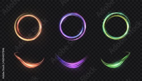 Glowing circular rings and curved swoosh trails in orange, purple and green on transparent background. Luminous arcs with soft particles for overlays and UI highlights.