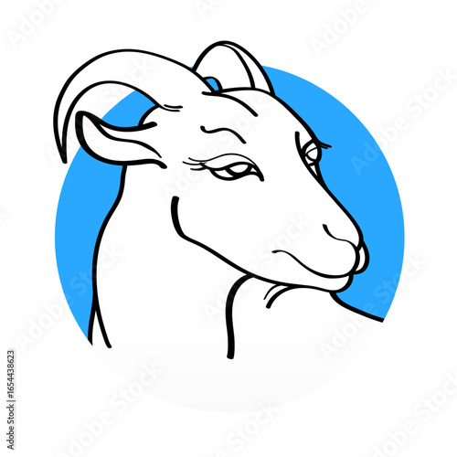 Handdrawn goat in round blue frame isolated on a white background. Linear silhouette. Vector illustration. Emblem organic farmer cheese, milk or meat