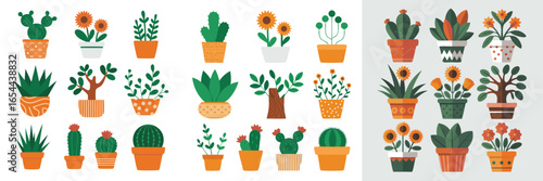 Assorted Potted Plants and Cacti Illustrations in Decorative Pots for Indoor Gardening Decor