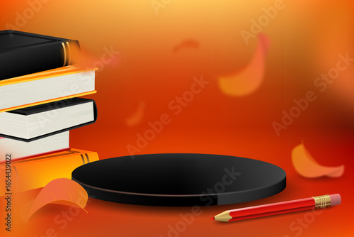 Orange fall studio background with black cylinder product podium, falling orange autumn leaves, stack of books, pencil for Back to School promotion. Flying red leaf. Layout, podium platform pedestal