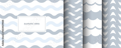 Gray white pale seamless patterns set with simple waves shapes background. Wavy abstract lines and shapes. For summer textiles, marine or beach fabric, wallpaper, web page fill, wrapping paper design