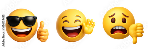 3D emoji reaction icon set. Emoticons showing like and dislike with thumbs up and thumbs down gestures, and a friendly wave for hello. Social media feedback symbols isolated on a light background.