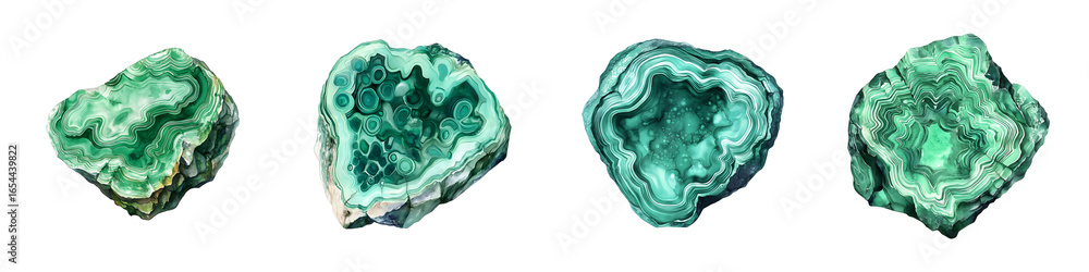 Obraz premium Four natural malachite gemstones with intricate green banded patterns including two revealing unique internal structures