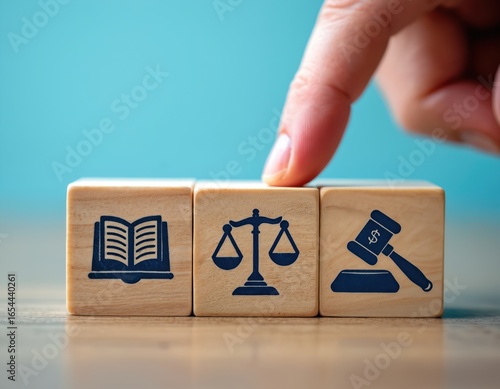 Wooden blocks showcase icons of law, justice, and finance. A finger selects a block, symbolizing choice in legal decisions and fairness. Represents legal system, court, and financial regulations.