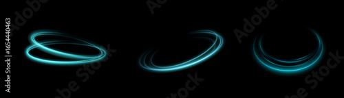 Glowing semicircles with smooth bright traces of light rays on a black background. Futuristic vector glowing semicircles and curved glowing curls.