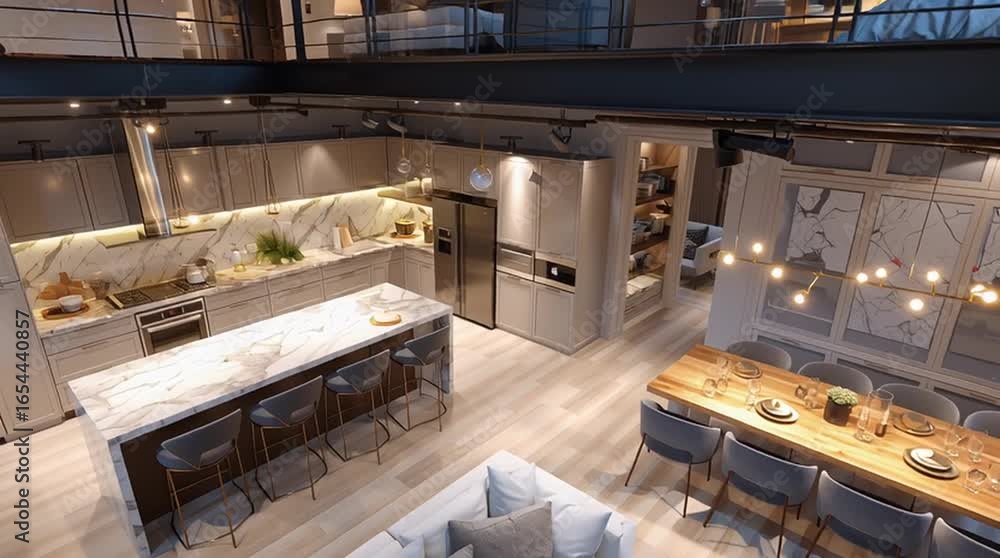 Modern open-concept living space showcases elegant kitchen and dining area, highlighting seamless design and inviting atmosphere throughout the scene Modern open-concept living space showcases elegant kitchen and dining area, highlighting seamless design and inviting atmosphere throughout the scene