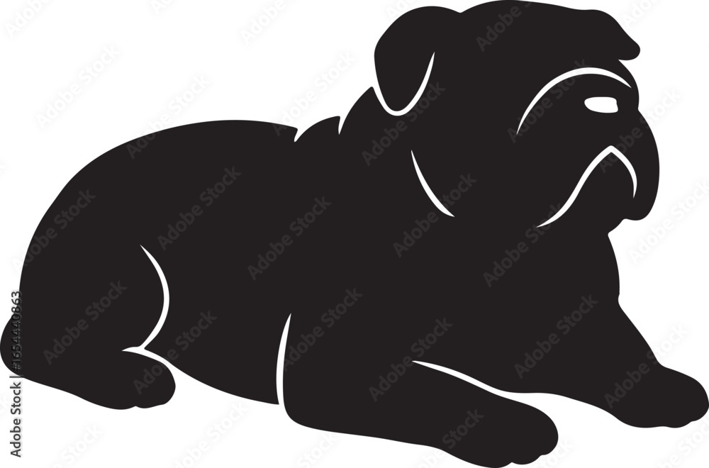 Fototapeta premium Black silhouette of English bulldog laying down isolated pet
