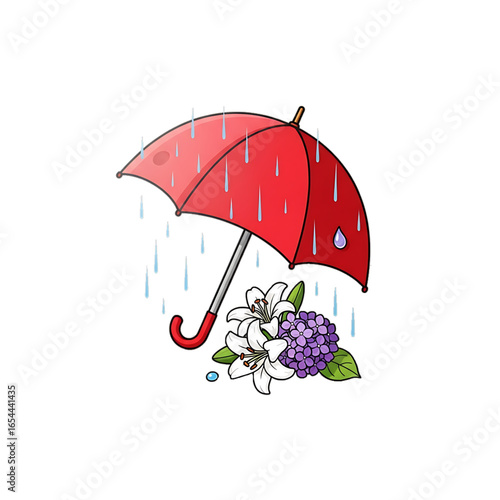 Red umbrella with flowers, symbolizing protection and tribute in mourning.