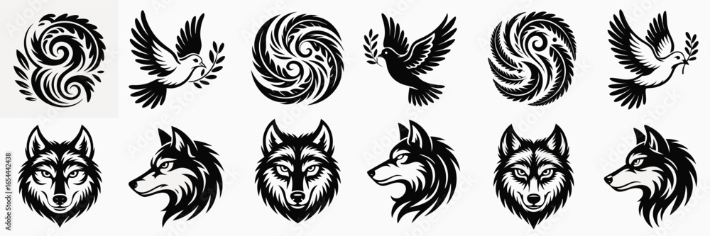 Obraz premium Black and White Illustration of Dove, Wolves, and Abstract Swirl Design Elements