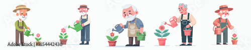 vector of a grandfather watering flowers in the garden