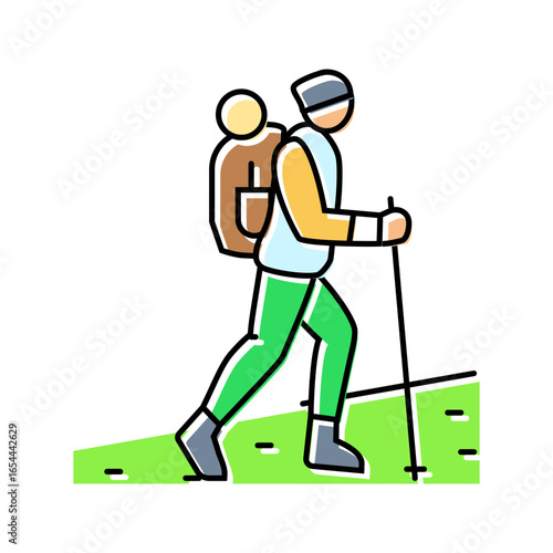 hiking backpack and walking stick color icon vector illustration