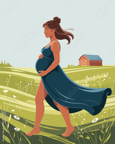 Elegant Pregnant Woman Strolling Through a Sunny Meadow Illustration