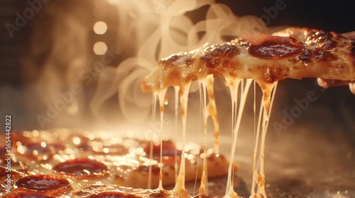 Delicious pizza slice being lifted, showcasing melted cheese and pepperoni, with steam rising, capturing the mouthwatering essence of fresh pizza