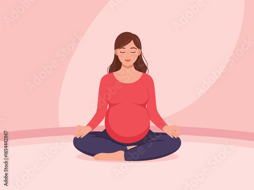 Flat vector illustration of a serene pregnant woman meditating. Expectant mother practicing yoga in lotus pose for prenatal health and wellness.