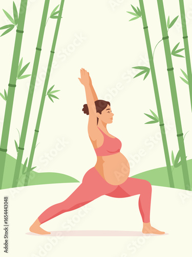 A serene pregnant woman practicing yoga in a warrior pose amidst a bamboo forest. A flat vector illustration about prenatal wellness and maternity.