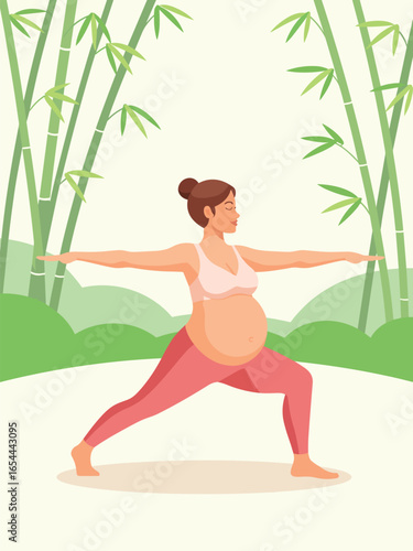 Serene pregnant woman in warrior yoga pose amidst bamboo. A vector illustration of maternity fitness and mindfulness.