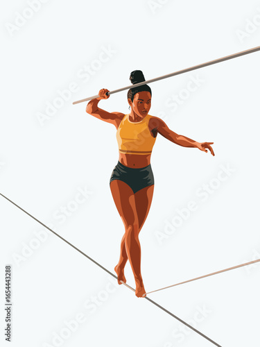 A flat vector illustration of a focused female funambulist with a bun hairstyle, balancing skillfully on a tightrope with a pole.
