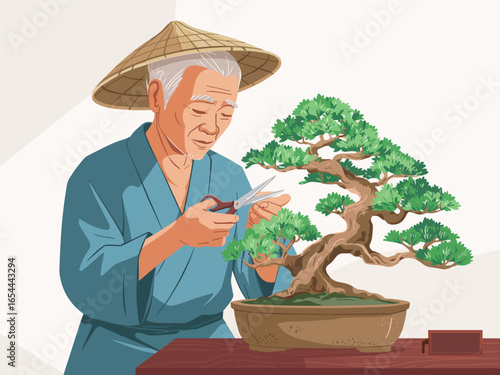 Elderly man in conical hat meticulously pruning a bonsai tree with scissors, showcasing dedication to art.