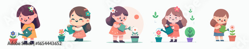 vector of a little girl watering flowers in the garden