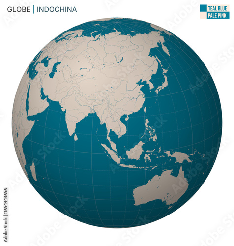 Vector Globe centered to Indochina. Teal Blue Pale Pink palette. World map with meridians, parallels, countries, rivers and lakes. Artistic vector illustration.