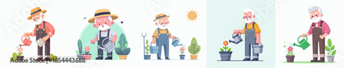 vector of a grandfather watering flowers in the garden