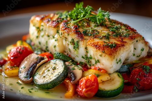 Grilled white fish fillet served with colorful medley of sauteed vegetables, including zucchini, bell peppers, cherry tomatoes, and mushrooms, garnished with fresh herbs. dish looks appetizing