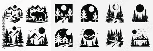 Black and White Silhouette Illustrations of Mountain Landscapes with Trees, Animals, and Celestial Bodies