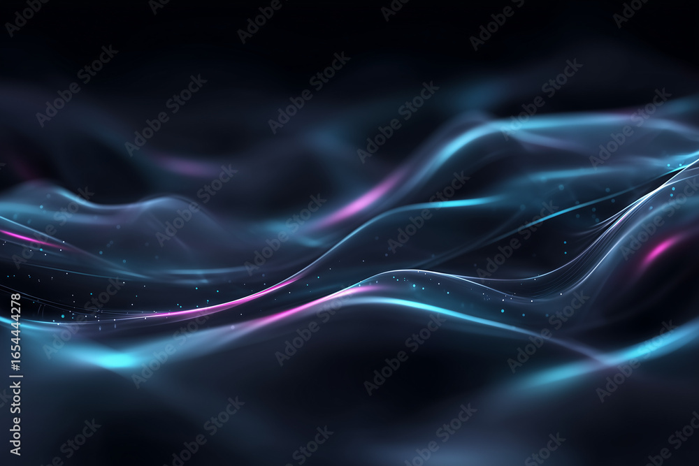 Obraz premium Neon particle mesh waves with glowing lines on dark background