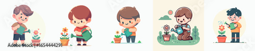 vector of a little boy watering flowers in the garden