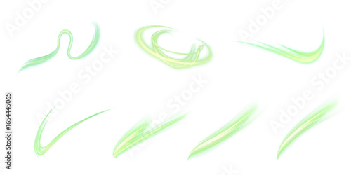 Green light lines and arcs with a soft glow, reminiscent of leaves, shoots and flows of natural energy. Eco-design for the themes of nature, sustainability and a clean environment.