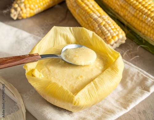 Creamy Corn Pudding Served in Husk with Fresh Cobs.