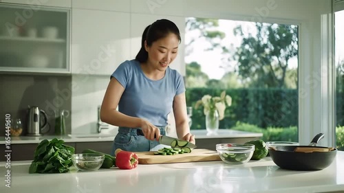 Woman happily preparing fresh vegetables for healthy meal
